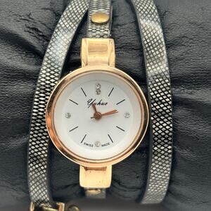 Yuhuo Swiss Made Gold Tone Round Case Black Wrap Bracelet Band Watch